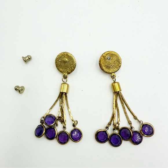 Vintage Gold Tone Purple Crystal Drop Dangle Earrings - Picture 5 of 5